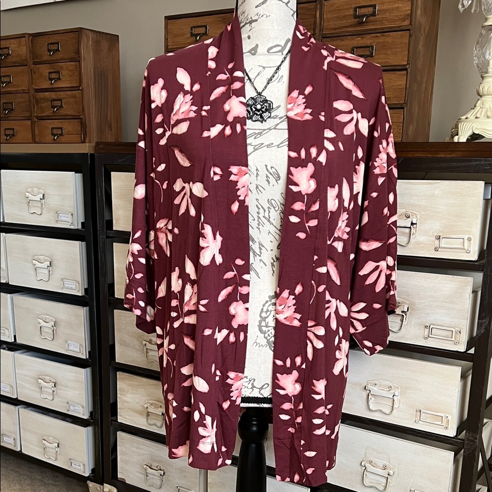 NEW Soma Burgundy Pink Pajama Robe Cool Nights Floral Open Cardigan